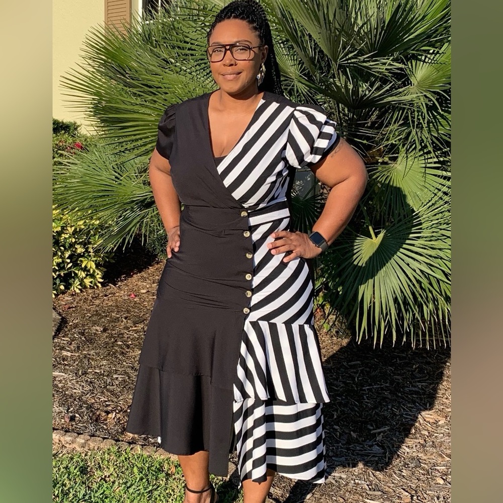 Asymmetrical Black and White Striped Dress
